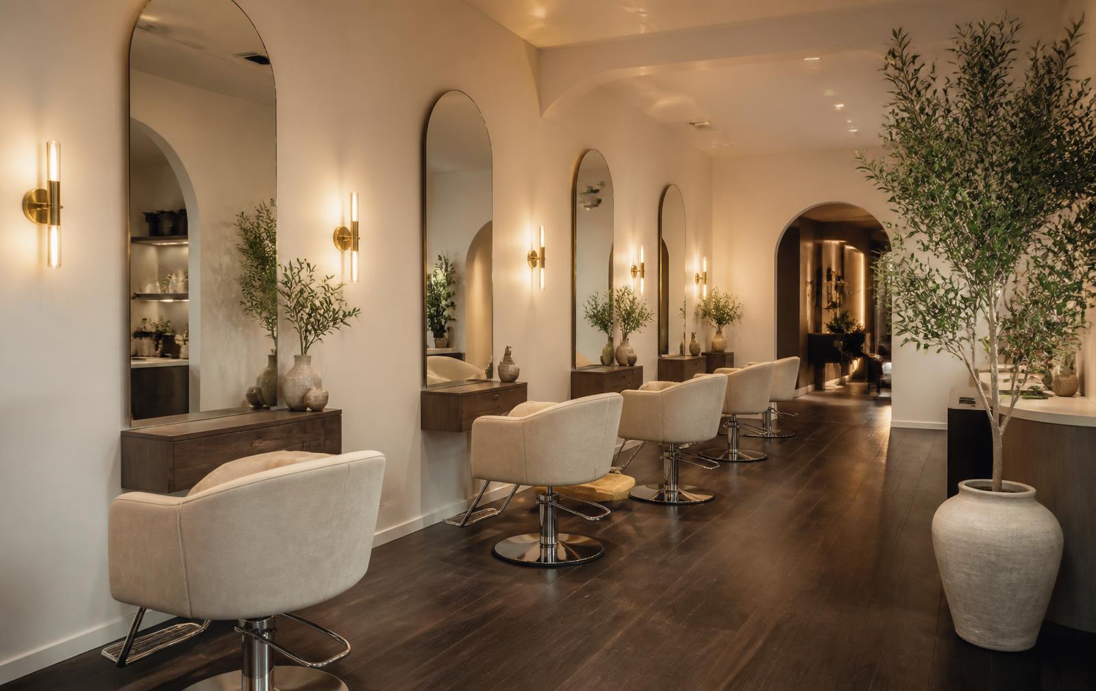 Interior of the Kurlology studio with brass sconces and cream styling chairs